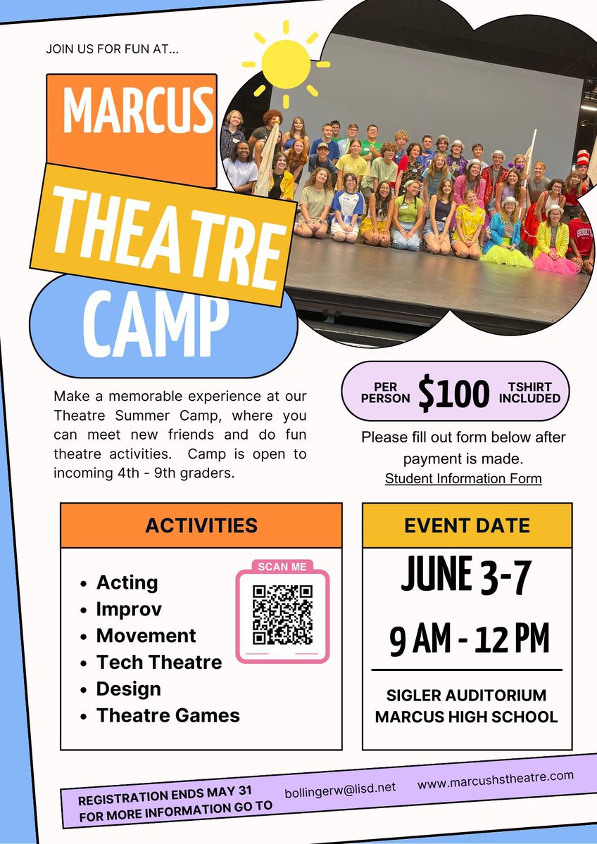 Come and join us for fun at Marcus Theatre Camp June 3 – 7 at the Marcus High School Sigler Auditiorium! Participants will get to experience all parts of theatre as an art from 9 am – 12 pm. Make sure to fill out the google form and buy tickets at buff.ly/3RqLeUz.