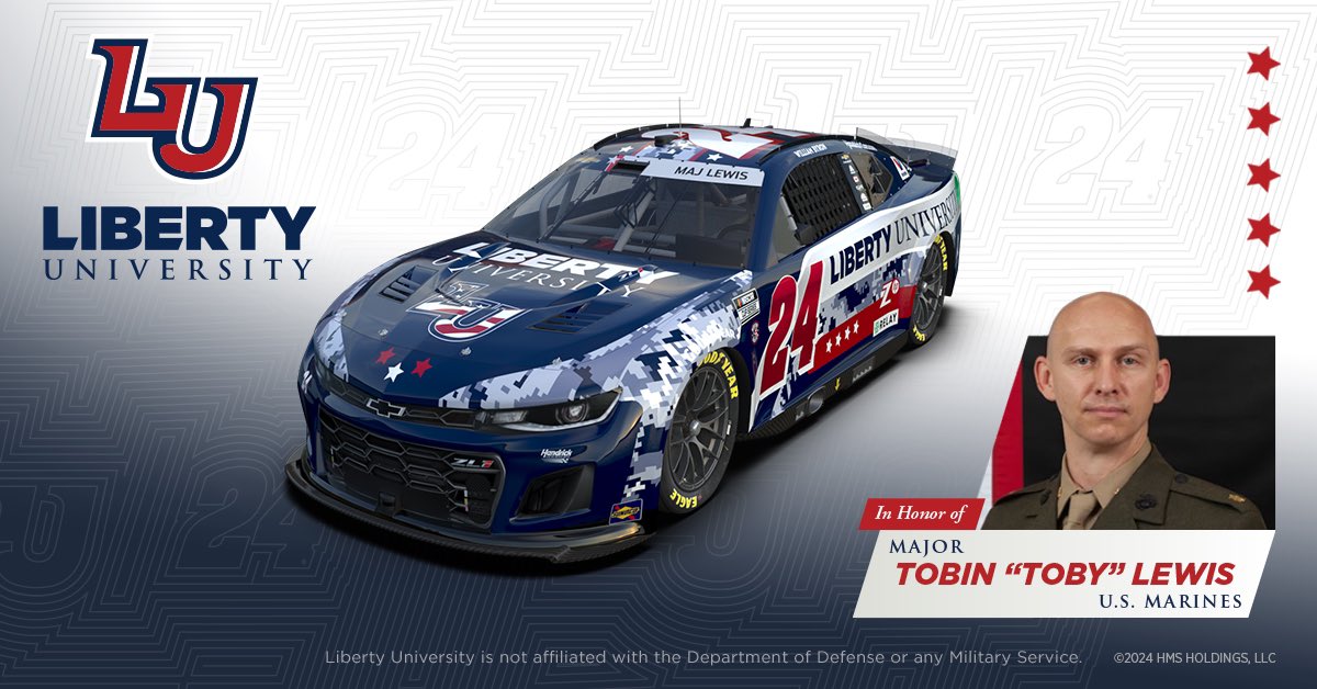 Liberty will bring back its patriotic scheme for 600 Miles of Remembrance at @CLTMotorSpdwy on May 26. The LU24 Chevrolet driven by @WilliamByron will honor fallen alumnus Maj. Tobin 'Toby' Lewis, a former Flames soccer player and aviation graduate (’08). liberty.edu/news/2024/05/1…
