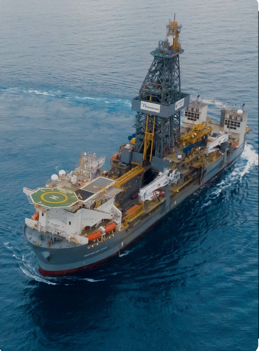 This is the Deepwater Titanic, an 8th generation drill ship! It can drill in 12K feet of water to a TD of 40K ft. Hook load capacity is 3.4 million lbs! It’s equipped with a 15Ksi and a 20Ksi BOP systems! Beast of a machine!