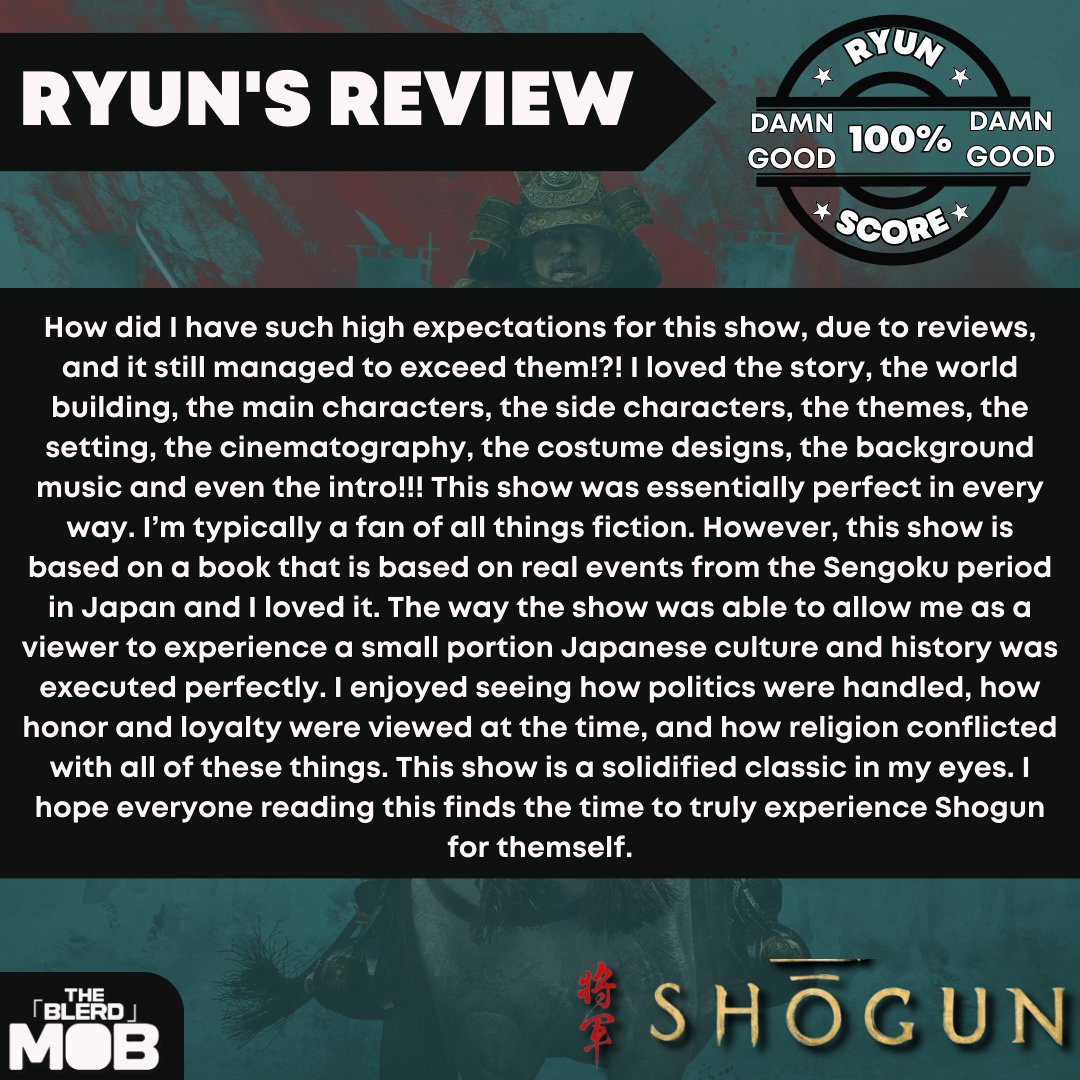 ”Shogun is truly a work of art!” 💭 - Ryun

Check out Ryun’s rating of FX’s Shogun series!

Scroll Right to see Ryun’s score and review. Let us know if you agree or not!  🎥

#jointhemobnerds #fx #shogun #tv #drama #fantasy #movie #film #streaming #hulu #primevideo #netflix #art