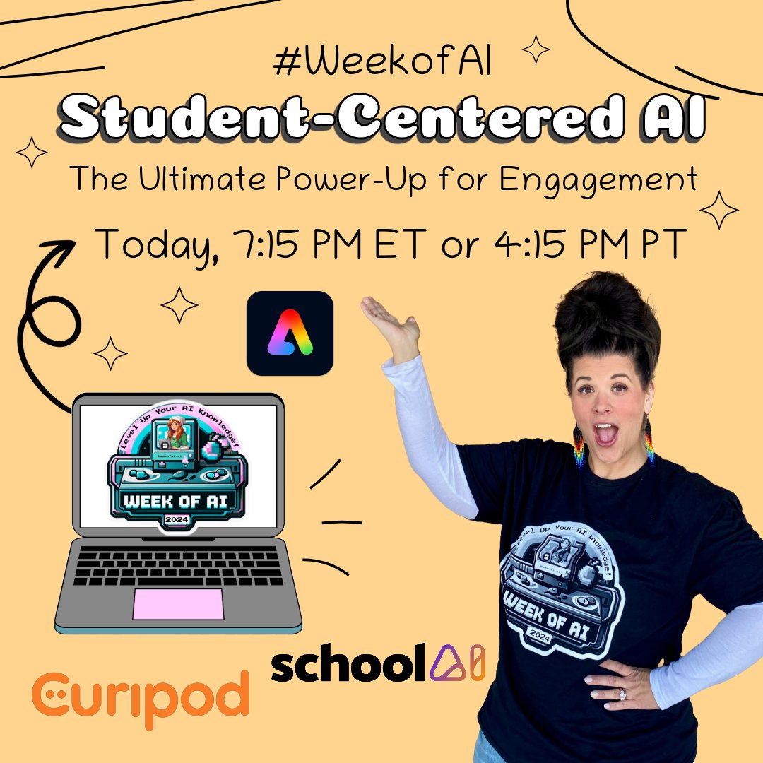 🙌 So excited for our #WeekofAI session today! Join us this afternoon/evening to learn how we're using #AI tools with our students. @curipod @AdobeExpress @getschool Livestream link: bit.ly/aipowerup #AdobeCreativeEDU #TeacherTwitter #edtech