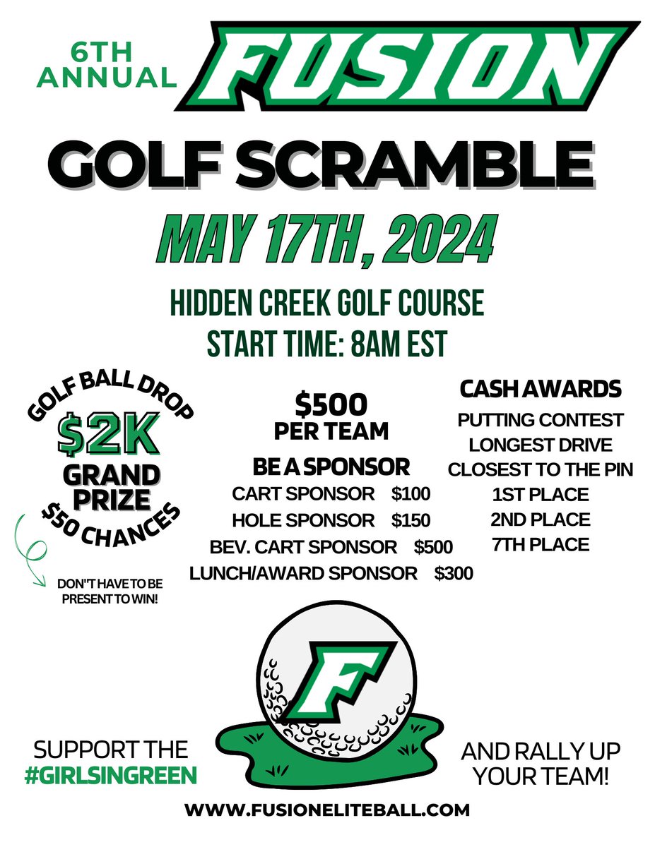 See you TOMORROW for our 6th Annual golf scramble! ⛳️ We still have some chances left for the golf ball drop to win $2K — you can purchase at the link below: fusioneliteball.com/fusion-golf-sc… #girlsingreen