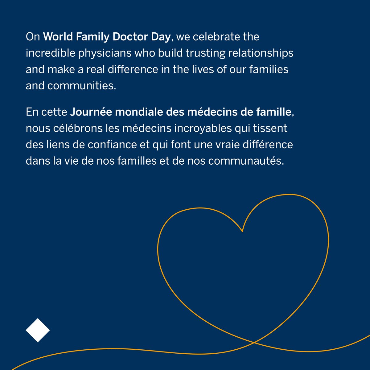 May 19 is World Family Doctor Day. To all family physicians, thank you every day for your commitment to the health of our families and communities. Your guidance, care and compassion make a difference in the lives of each one of us.  

#WorldFamilyDoctorDay