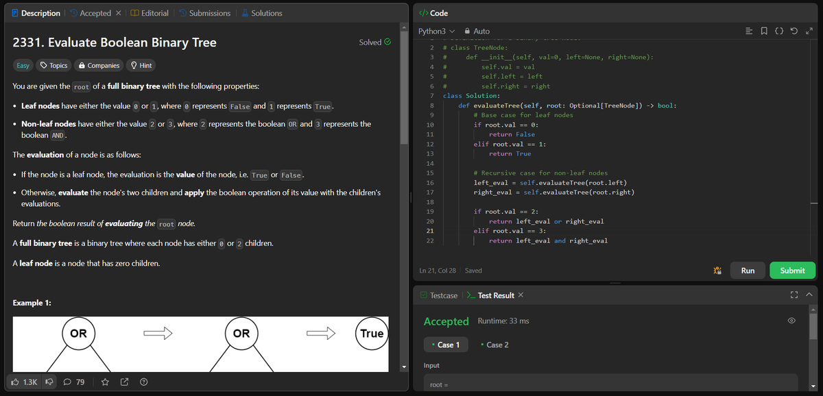 akhand_4795's tweet photo. 🌟Day 48 of my '60 Day DSA Challenge' complete!
Today's challenges tackled on LeetCode:💡🚀

1. Problem No. 2331 - Evaluate Boolean Binary Tree
2. Problem No. 46 - Permutations

#60DayDSAChallenge #Python #LeetCode #DataStructures #Algorithms #ProblemSolving #Progress #Day48 https://t.co/gLZETHwldj