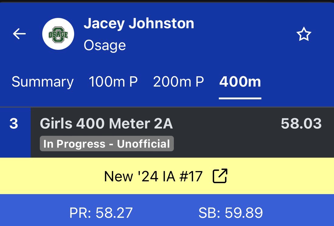 Jacey Johnston runs a 1.04 second Career PR for a 58.03 for a 3rd place finish for the 2nd consecutive year! 

<a href="/MrsSchwamman/">Barb Schwamman</a> <a href="/OsageAthletics/">Osage Athletics</a>