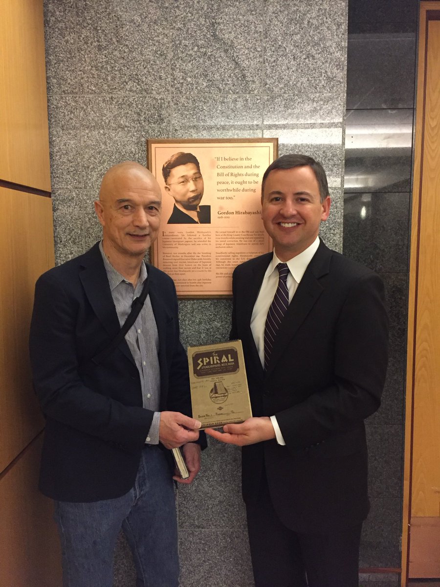 In 2017, the @KCCouncil honored his courage by installing a plaque on the 12th floor of the King County Courthouse where he was incarcerated for his principled objection.  His son Jay joined us. We are holding one Gordon’s jail cell diaries.