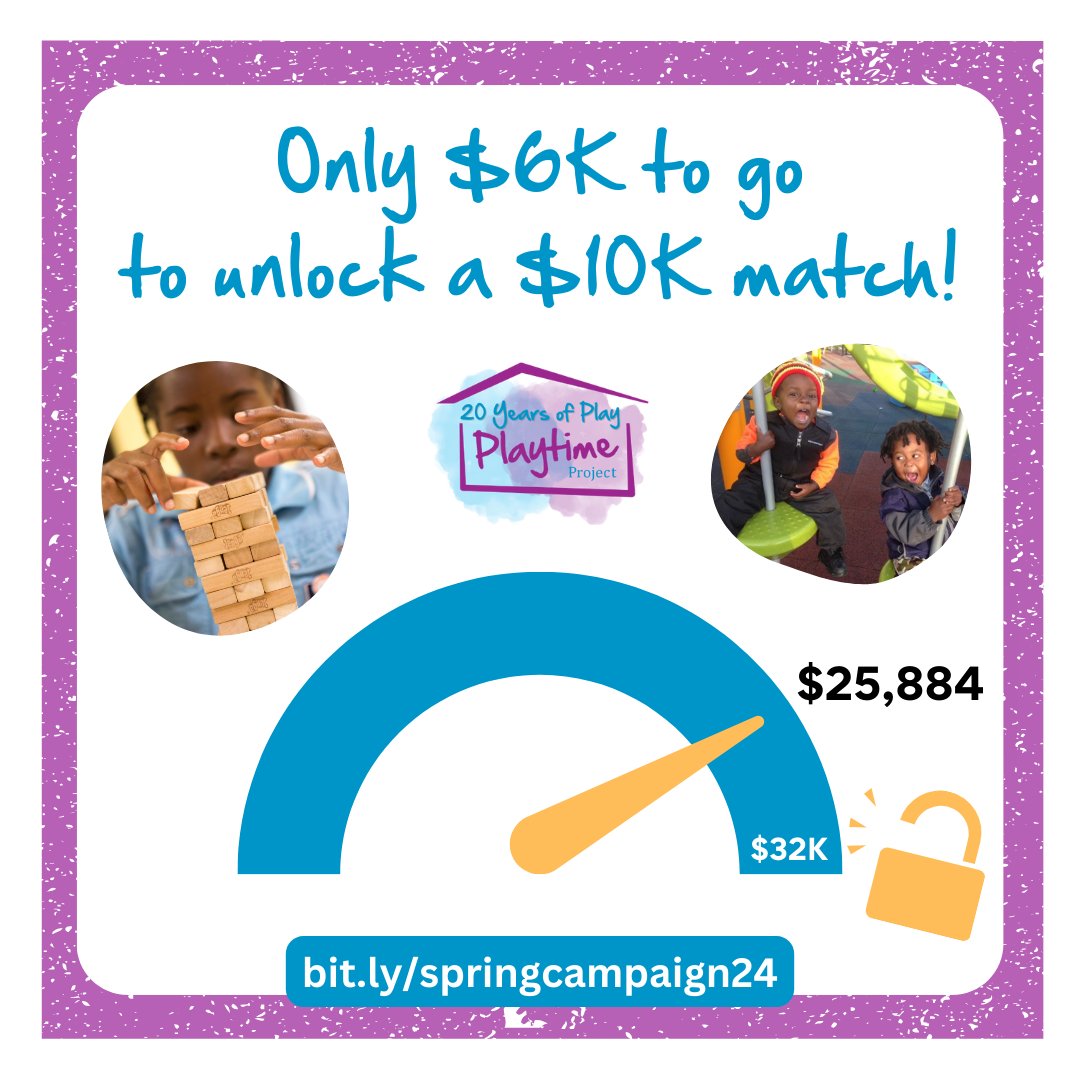 ProjectPlaytime's tweet image. We are just over $6K away from unlocking a $10K match! Can we get there by the end of this weekend? Donating and sharing the Spring Campaign goes a long way in providing #playequity to children experiencing #housinginsecurity. Donate at bit.ly/springcampaign… #SpringIntoPlaytime