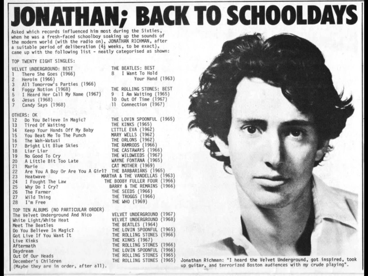 As it's Jonathan Richman's birthday, here's a playlist of tunes that influenced him most in the 1960s. As published in ZigZag magazine in 1977 open.spotify.com/playlist/0Efje…