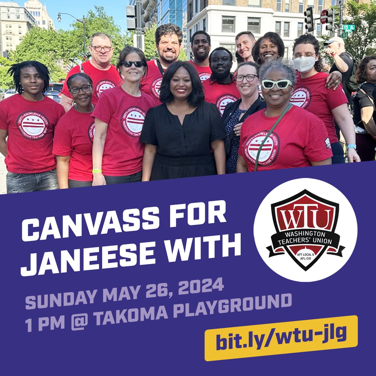 Please come out to canvass for WTU's-endorsed candidate @Janeese4DC for Ward 4 DC City Council on Sunday, May 26th! We hope to see you there! #redfored, #realsolutionsforkids