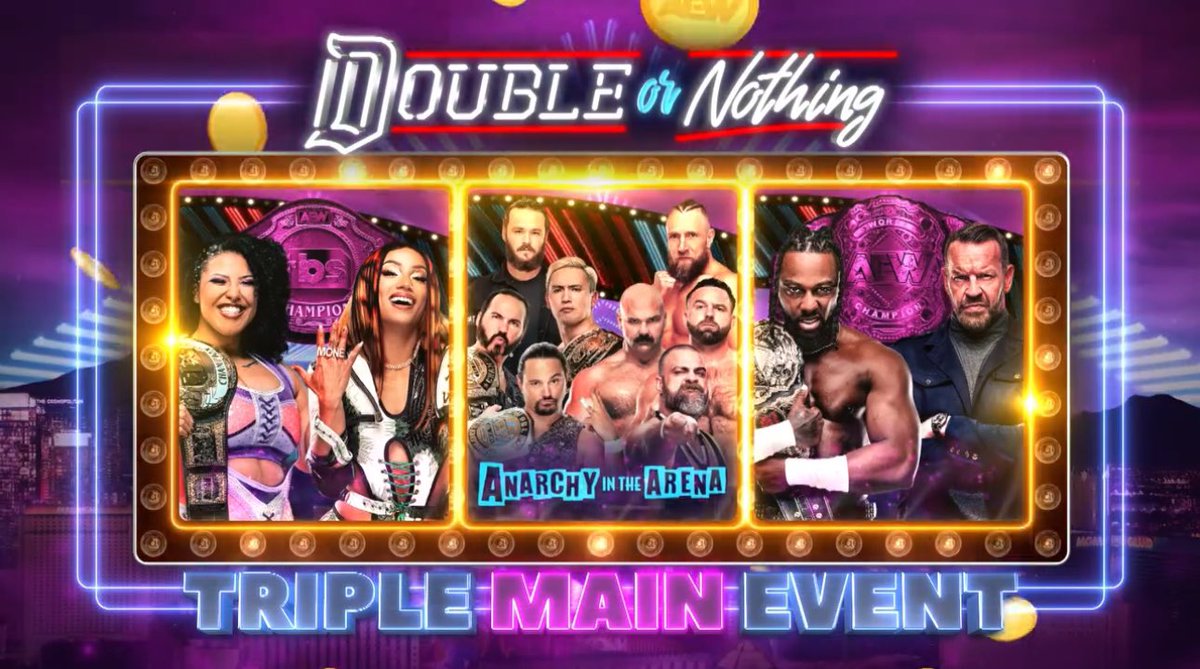AEW is advertising their upcoming Double or Nothing PPV next Sunday with a ‘Triple Main Event’. • Willow v Mercedes (TBS Championship) • Anarchy In The Arena • Swerve v Christian (AEW World Championship)