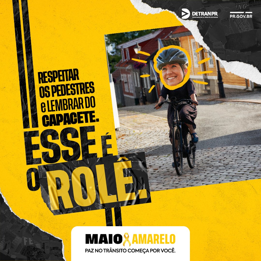 No trânsito, cada um faz a sua parte. Ciclista: use sempre equipamentos de proteção e seja responsável com os outros.
#MaioAmareloPR