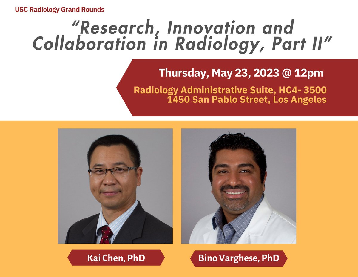Save the Date! May 23, 12pm PST. #Radiology #GrandRounds : 'Research, Innovation and Collaboration in Radiology, pt II', presented by our own, @KaiChen_USC and @Bvargeese. Add to Calendar: keck.usc.edu/calendar/event… Zoom: usc.zoom.us/j/99892888996?…