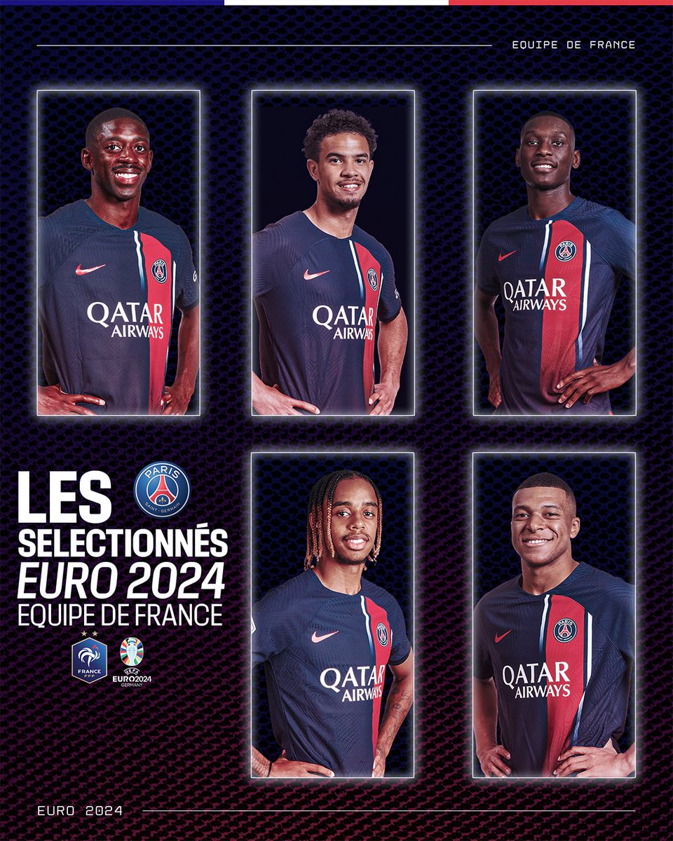 🇫🇷🔝 5️⃣ Parisiens sélectionnés en Équipe de France pour l’Euro 2024 ! 💪 👏 Dembélé, Zaïre-Emery, Kolo Muani, Barcola et Mbappé ❤️💙