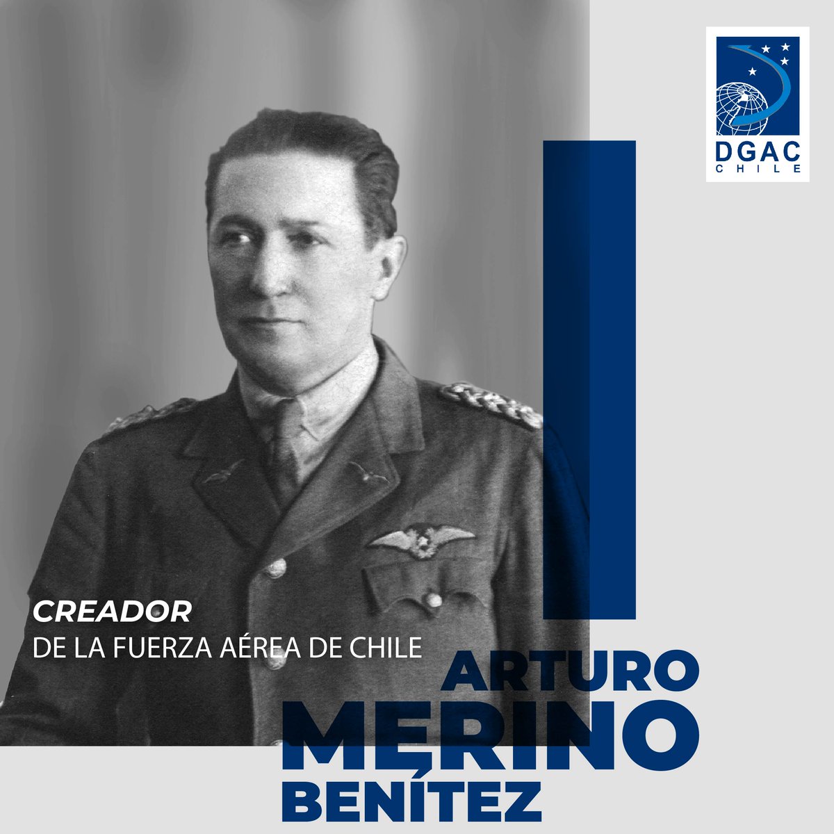 #DatosDGAC Mañana se conmemora un nuevo aniversario del natalicio del prócer aeronáutico y creador de la @dgacchile Arturo Merino Benítez, recordamos su obra y visión de la aeronáutica nacional como fundador de la @FACh_Chile entre otras instituciones.