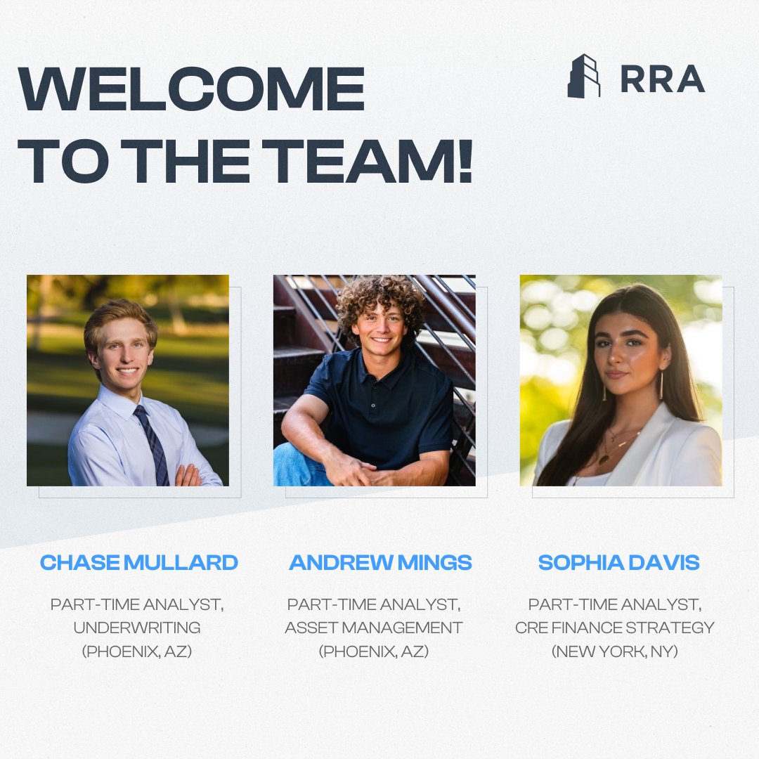 Please join us in welcoming our newest interns Chase Mullard, Andrew Mings, and Sophia Davis to the RRA Capital team! 

We can't wait to see what fresh perspectives you bring to our team this summer. #RRACapital #Internship #LeadershipProgram #NewYork #Phoenix