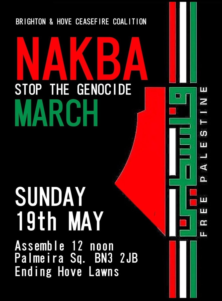 NB TIME CHANGE TIME. NOW CATCHING THE 10.00AM TRAIN 
📣📣 *CALLOUT!*📣📣
*BRIGHTON NAKBA MARCH*
Sunday 19th May 

There will be an Eastbourne bloc@SocialistWorkersParty @Stop The War  travelling from Eastbourne Station on the 10.44am train. All welcome 🇵🇸🚩