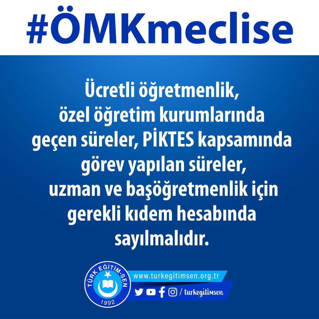 ÖĞRETMENLİK MESLEK KANUNU İLE;
Ücretli öğretmenlik, özel öğretim kurumlarında geçen süreler, PİKTES kapsamında görev yapılan süreler uzman ve başöğretmenlik için gerekli kıdem hesabında sayılmalıdır.
#ÖMKmeclise