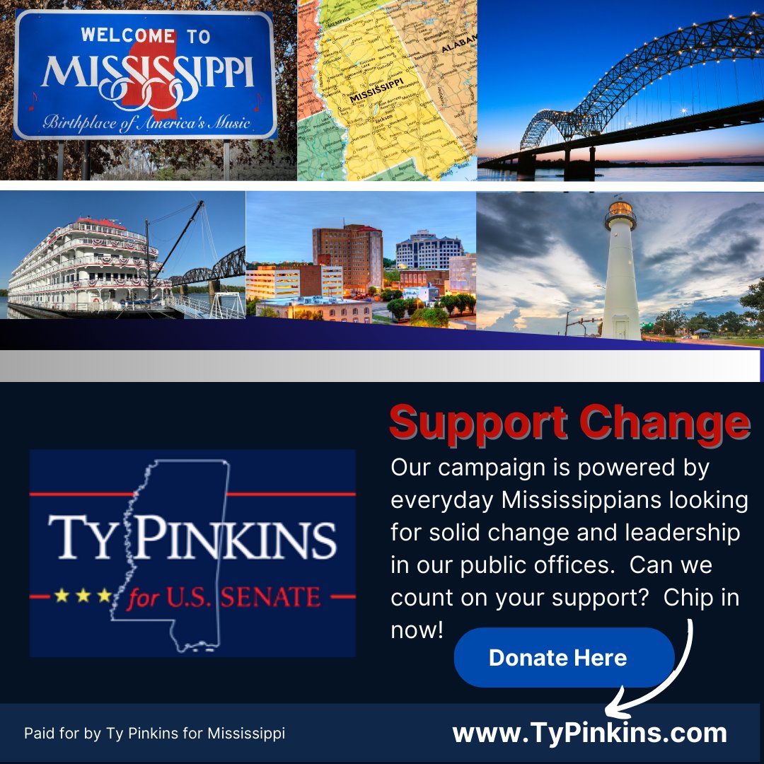 Our campaign is powered by everyday Mississippians looking for solid change and leadership in our public offices. Can we count on your support? No amount is too small. We can’t do this without you. Chip in now at typinkins.com. #TyPinkinsforUSSenate #MississippiStrong