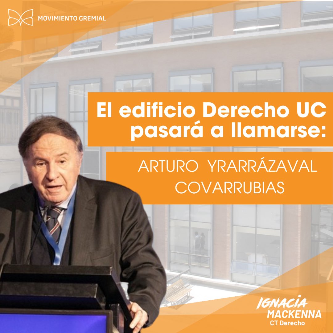mguc's tweet image. Estamos muy felices de contar que el Edificio Derecho UC pasará a tener el nombre de uno de los fundadores de nuestro movimiento, Arturo Yrarrázaval Covarrubias. Esta es una tremenda muestra de gratitud para quien fue fundador del MG, ex alumno, profesor y decano de la facultad.