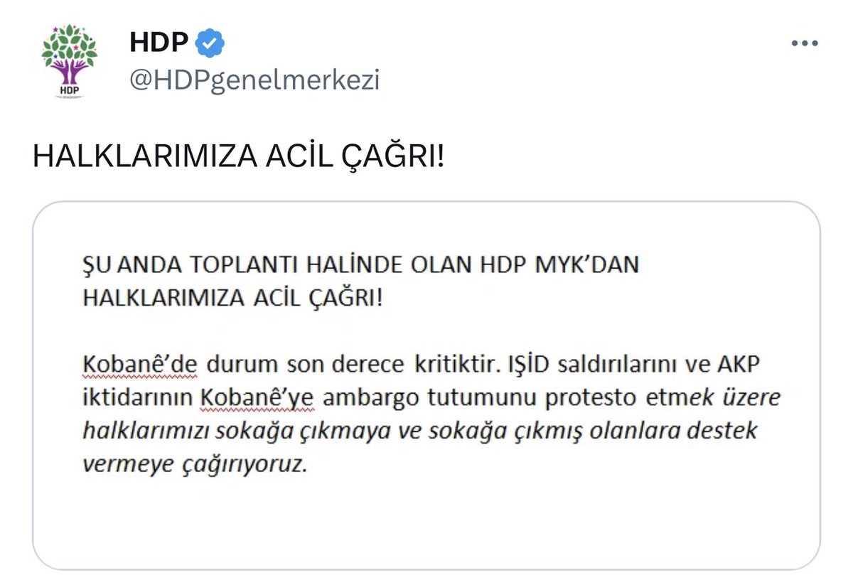 Bugün Demirtaş'a 42 yıl, Figen Yüksekdağ'a 32, diğer tutsaklar onlarca yıl hapis cezasına gerekçe yapılan tweet bu. Işid saldırısı altında bulunan Kobane'ye sahip çıkmak çağrısı.