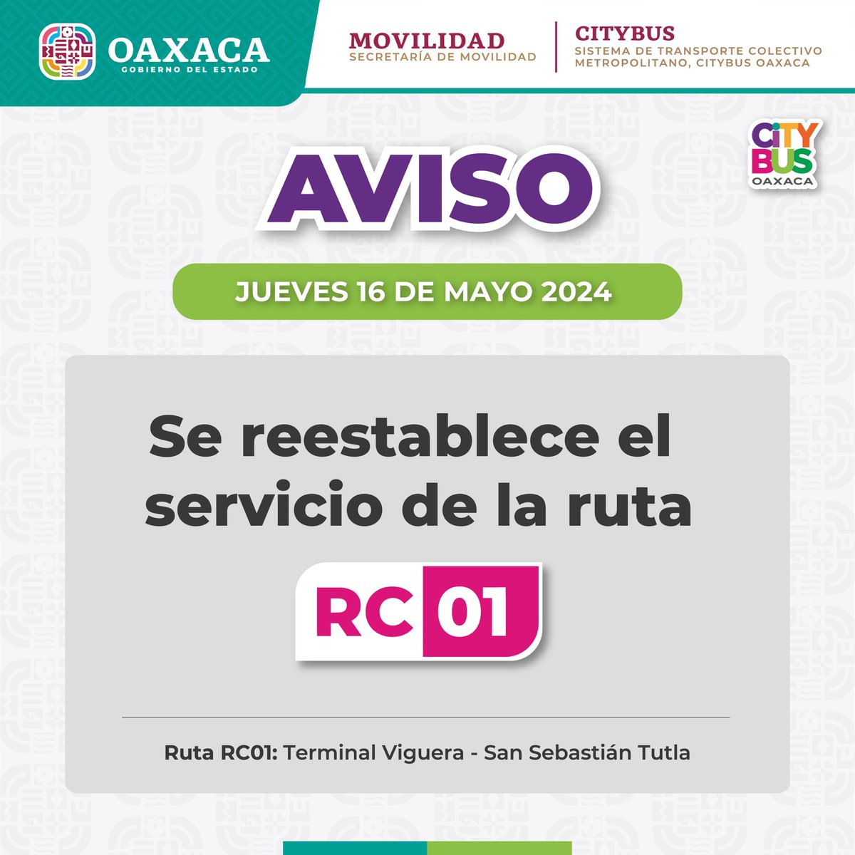 La ruta RC01 se ha reactivado en su trayecto alterno. Las personas usuarias podrán ascender y descender bajo demanda.