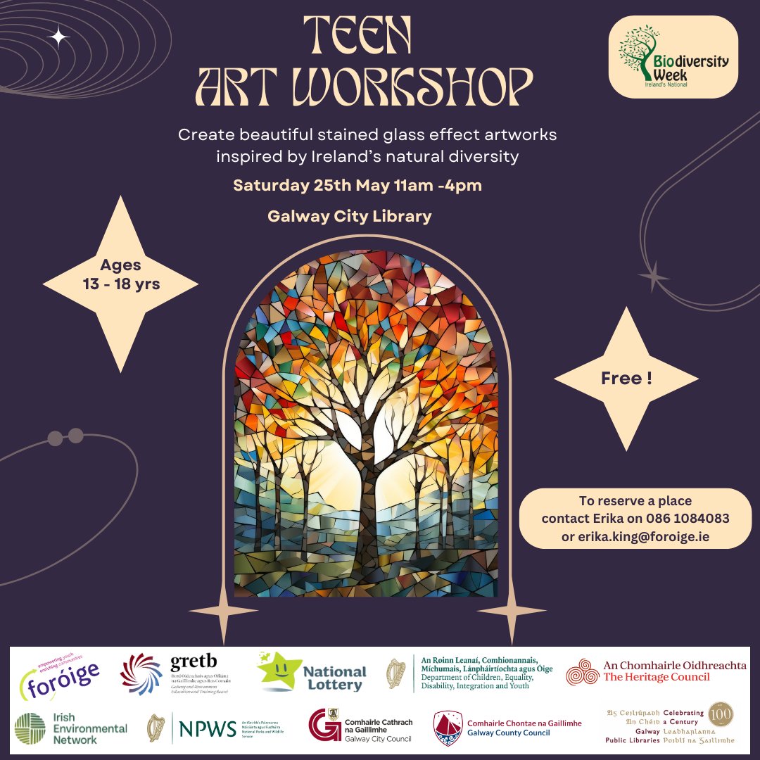 Teens! Why not sign up for @foroigegalwaycityubu‘s #biodiversityweek2024 Art Event. Make stained glass effect artworks inspired by Ireland’s natural diversity. Sat 25th May 11am. Ages 13-18. Free. Booking required- contact Erika 086 1084083 or erika.king@foroige.ie #AtYourLibrary