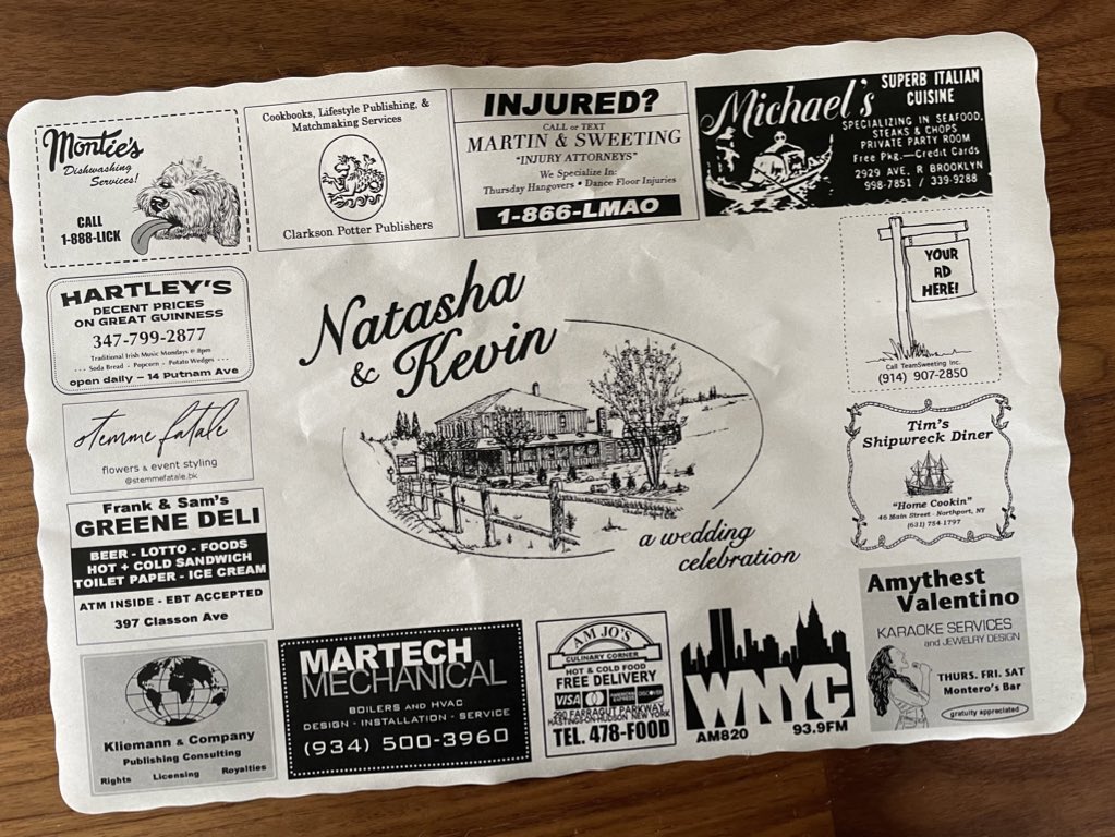 i wanted my wedding to have a “roadside diner” vibe so i designed some placemats full of “fake” ads for “real” businesses.