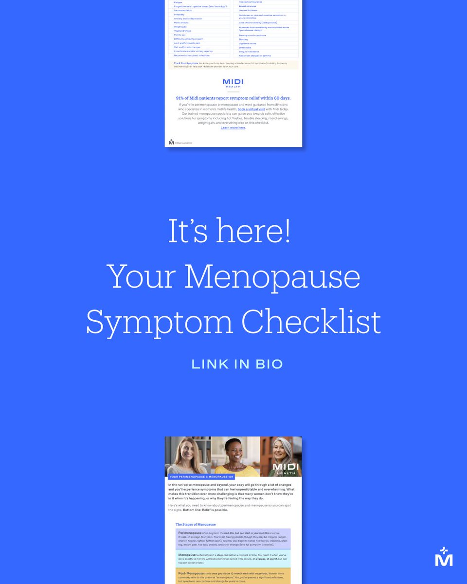 At Midi, we aim to empower you on your journey to relief (regardless of where you get your care!). 

That's why we've developed a free Menopause Symptom Checklist. When you sign up at our link in the bio, you'll get a copy delivered to your inbox.  💙
lnk.bio/joinmidi