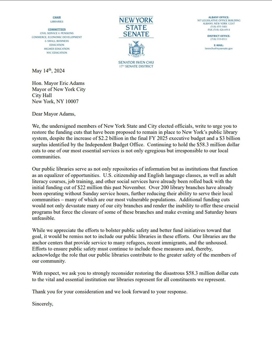 State Sen. Iwen Chu pens a letter to Mayor Adams signed by 36 of her biparisan state legislative colleagues from inside and outside NYC calling on hizzoner to refuse cuts to libraries