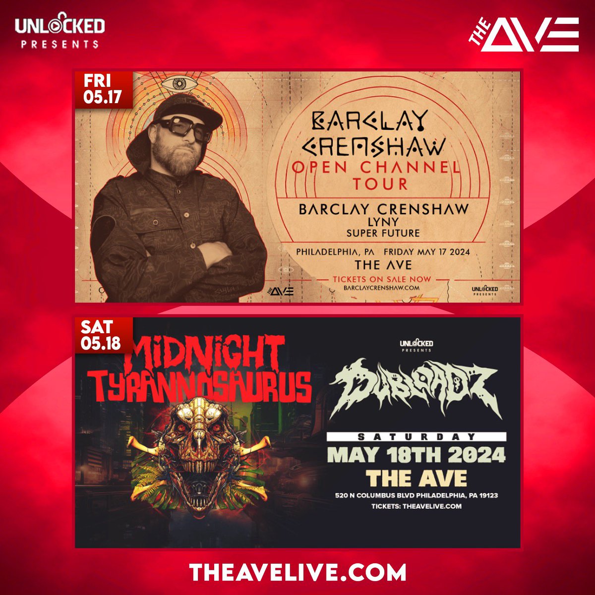 Weekend Lineup 🔥 This Friday Barclay Crenshaw will be coming to #TheAve with support from Lyny and Super Future, plus This Saturday Midnight Tyrannosaurus will be throwing down a killer set with support from Dubloadz - Tickets and Tables at TheAveLive.com