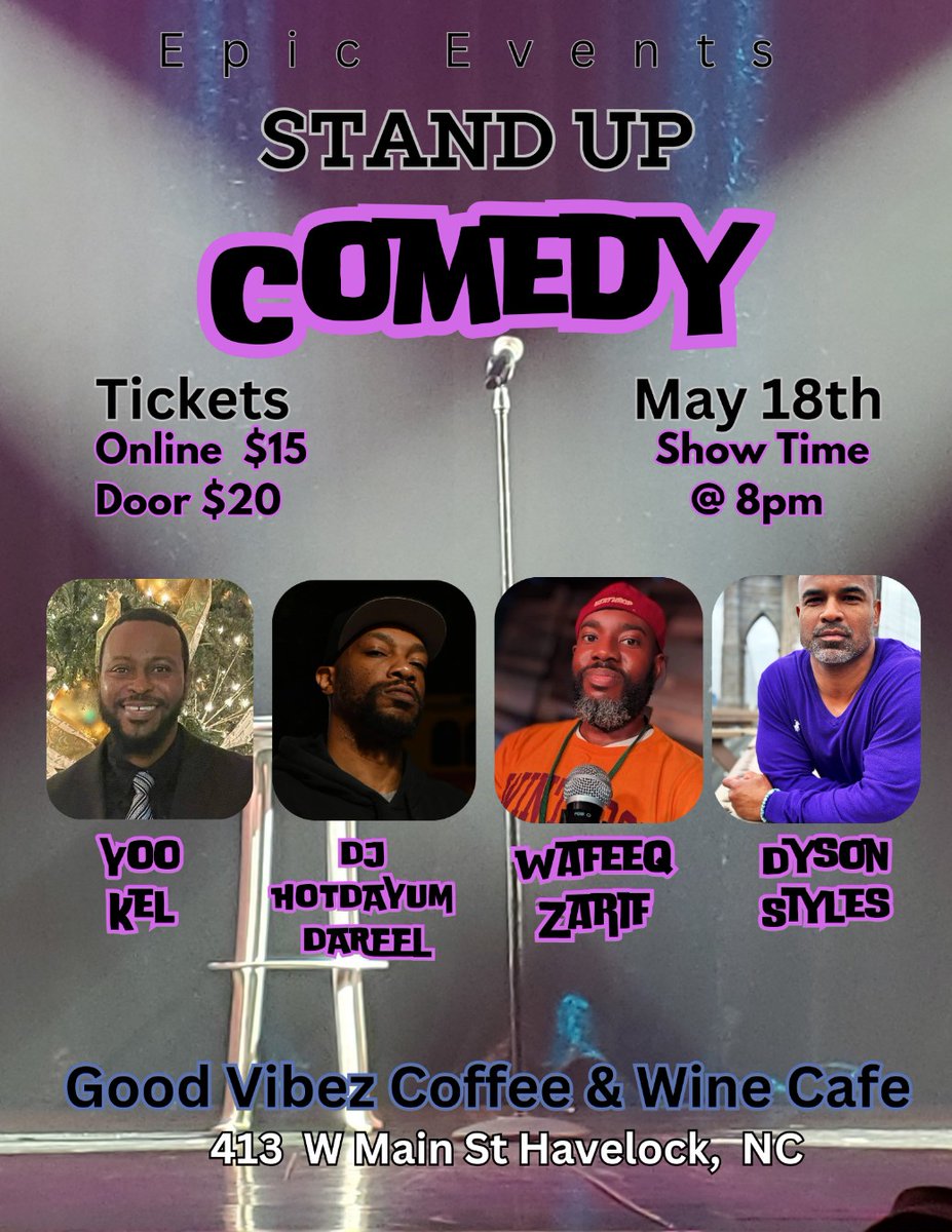 Come laugh with your boy 8 p.m. this Friday May 18th at Good Vibez Coffee located at 413 W. Main St in Havelock NC.

#wafeeqzarifunleashed #comedyshow #havelocknc #localbusiness #coffee