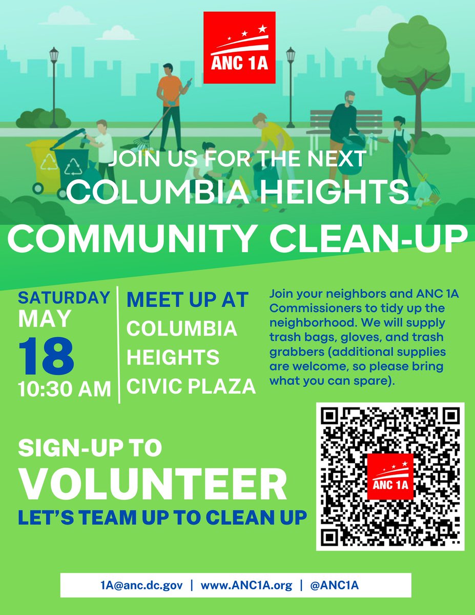 Join us for our monthly #ColumbiaHeightsDC Community Clean-up on Saturday, May 18, at 10:30 a.m., with residents meeting at the Civic Plaza. Sign up to volunteer at tinyurl.com/CLEANCoHi, and join us regularly for these cleanups. We appreciate your help!