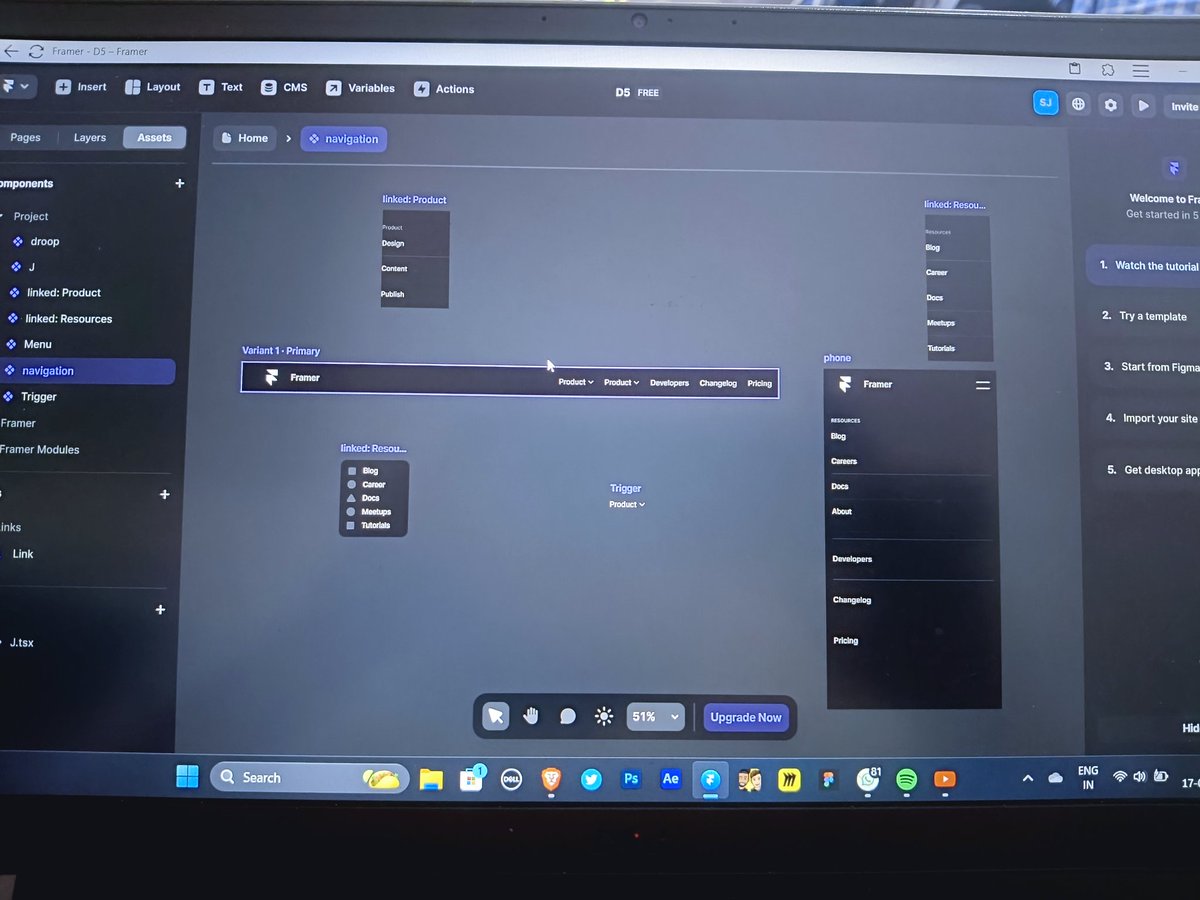 Suryaawtf's tweet photo. Aaa this is what searching for peace in chaos looks like😵
Day 5: Trying to build navigation dropdown menus from scratch and making it responsive, but got trapped in components and variants.
See you tomorrow with the updates.
#30daysofFramer https://t.co/CgmrTOvDxp