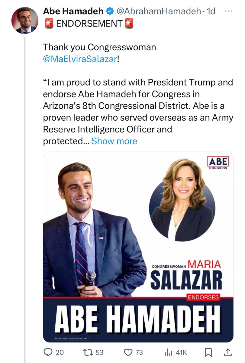 The choice on July 30 for the patriots of #AZ08 is simple. Blake Masters will join the Freedom Caucus with @RepGosar and fight to deport Biden's illegal aliens. Abe Hamadeh will join with Rep. Maria Salazar to give them all amnesty. The decision is yours.