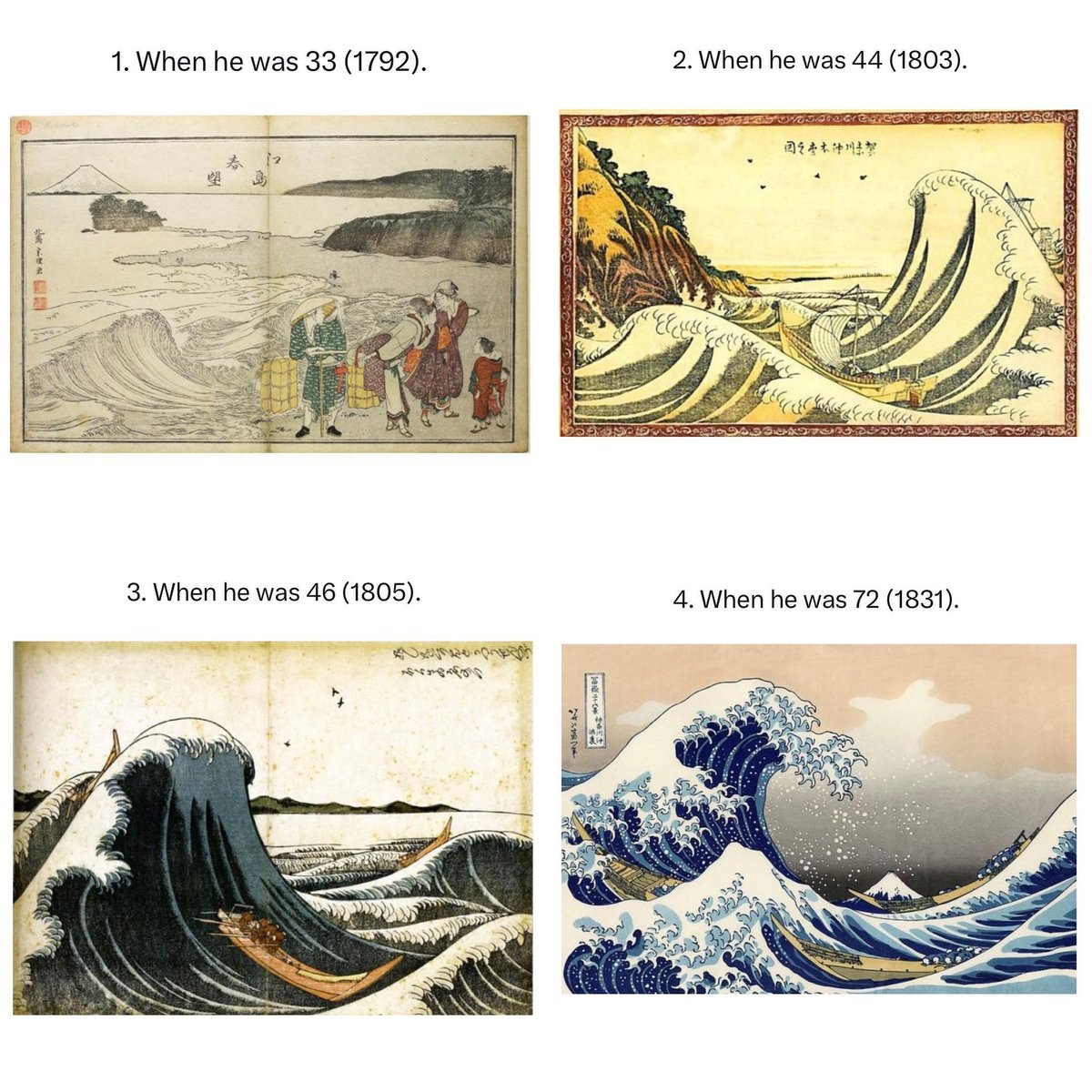 Art is a journey. Every piece of art gets you one step closer to your destination. Your best now is different from your best a year from now. Hokusai spent decades recreating the 'Great Wave' before finally ending his journey to what we know today.