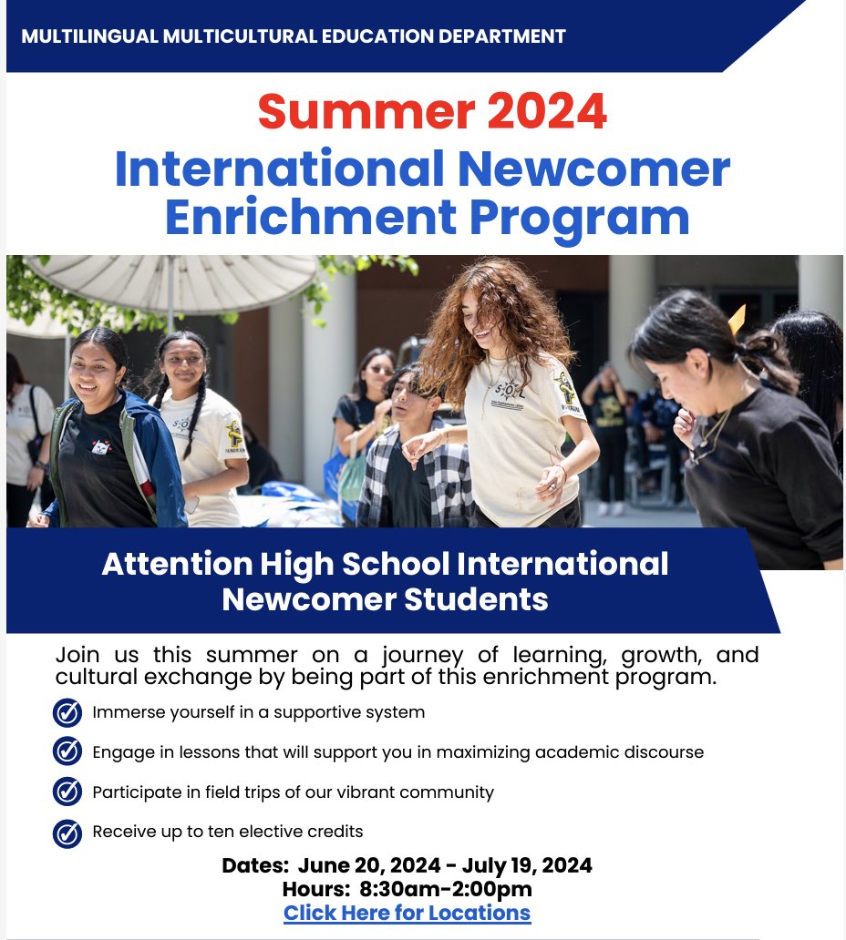 During our #summeroflearning, we accommodate all our populations. The International Newcomer Enrichment Program is open to foreign born HS students in grades 9th-12th who recently enrolled in U.S. schools, can receive up to 10 elective credits. Visit lausd.org/summeroflearni…