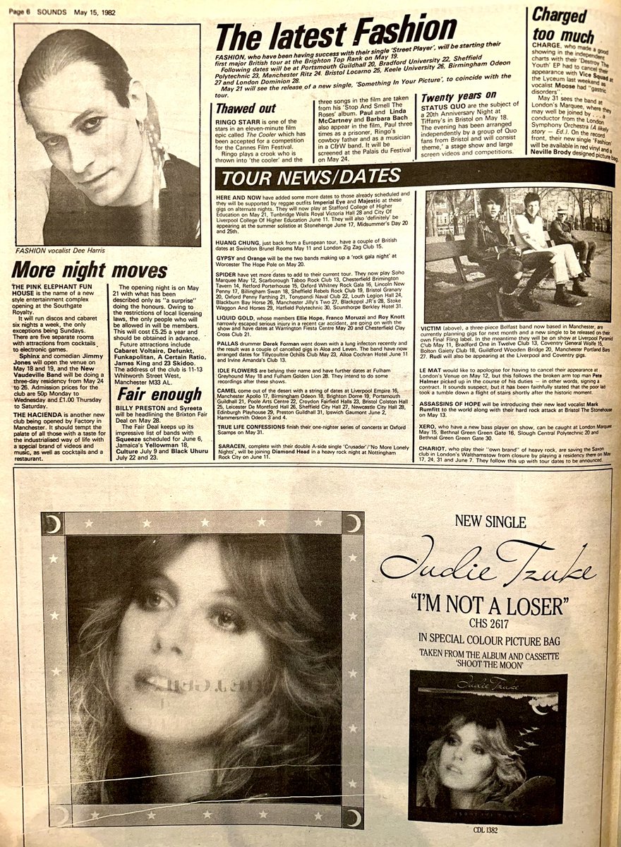 A round up of this week’s Tour & Record News featuring info on the brilliant #JaneAireandtheBelvederes  as well as @joanjett #BlackUhuru #TheAuPairs #Dawnwatcher #Fashion #HereandNow
#Camel & #BillyPreston
 
Sounds May 15th 1982
