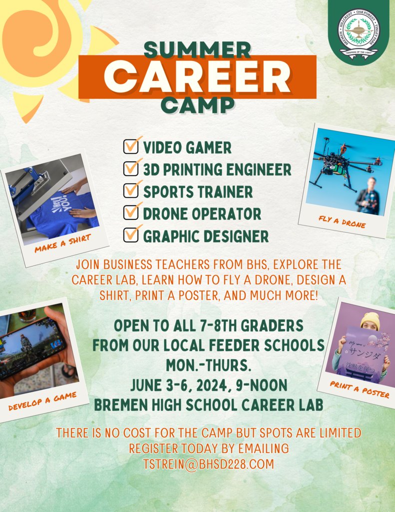 Future Bengals, this one's for you! We have a career camp you can go to that's FREE! It's for 7-8th graders and it talks about all sorts of careers. It's at @BremenBraves! Check out the flyer below! #TheBengalWay #opportunityknocks @HilleHuskies