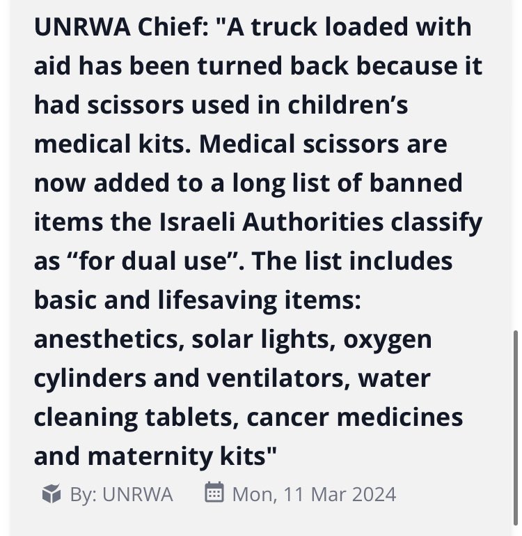 DocumentingGaza's tweet photo. 6 Feb: Rami Al-Nagla dies die to insulin shortage secondary to Israeli blockade

11 Mar, UNRWA: Banned items by Israeli Authorities for ‘dual use’ include: anesthetics, oxygen cylinders, ventilators, cancer medicines, maternity kits.

8 Nov, @EuroMedHR : At least 12 cancer patients die as the only cancer hospital is out of service