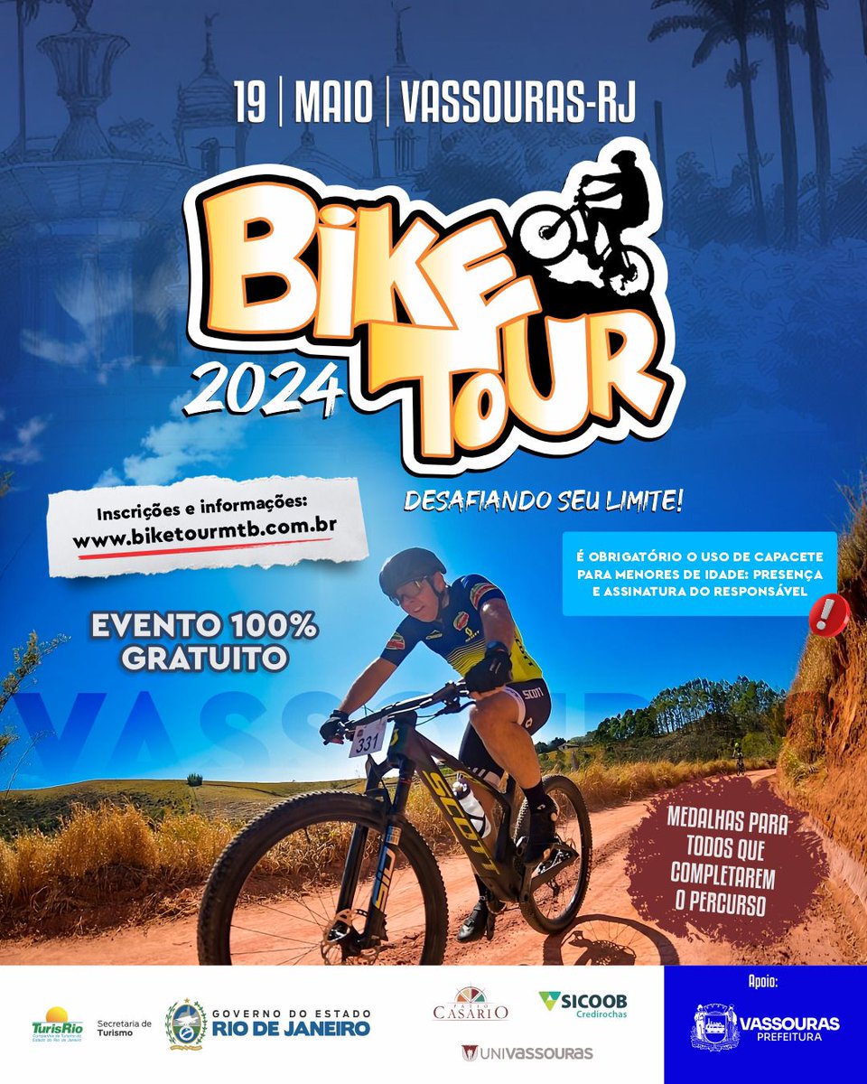 Está chegando o evento que vai movimentar a cidade de Vassouras: Bike Tour e Bike Tour Kids 🚲 O evento acontecerá no dia 19 de maio e será 100% gratuito! Medalhas para todos que completarem o percurso Informações e inscrições: biketourmtb.com.br 

#seturrj #biketour