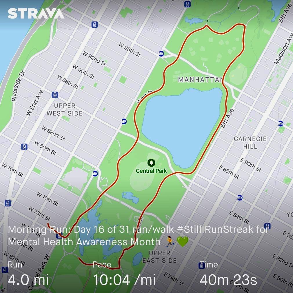 Day 16 of 31 #StillIRunStreak 
#MentalHealthAwarenessMonth 🏃💚 @StillIRun @Strava @CentralParkNYC #RunNYC
#MentalHealthActionDay 🫶