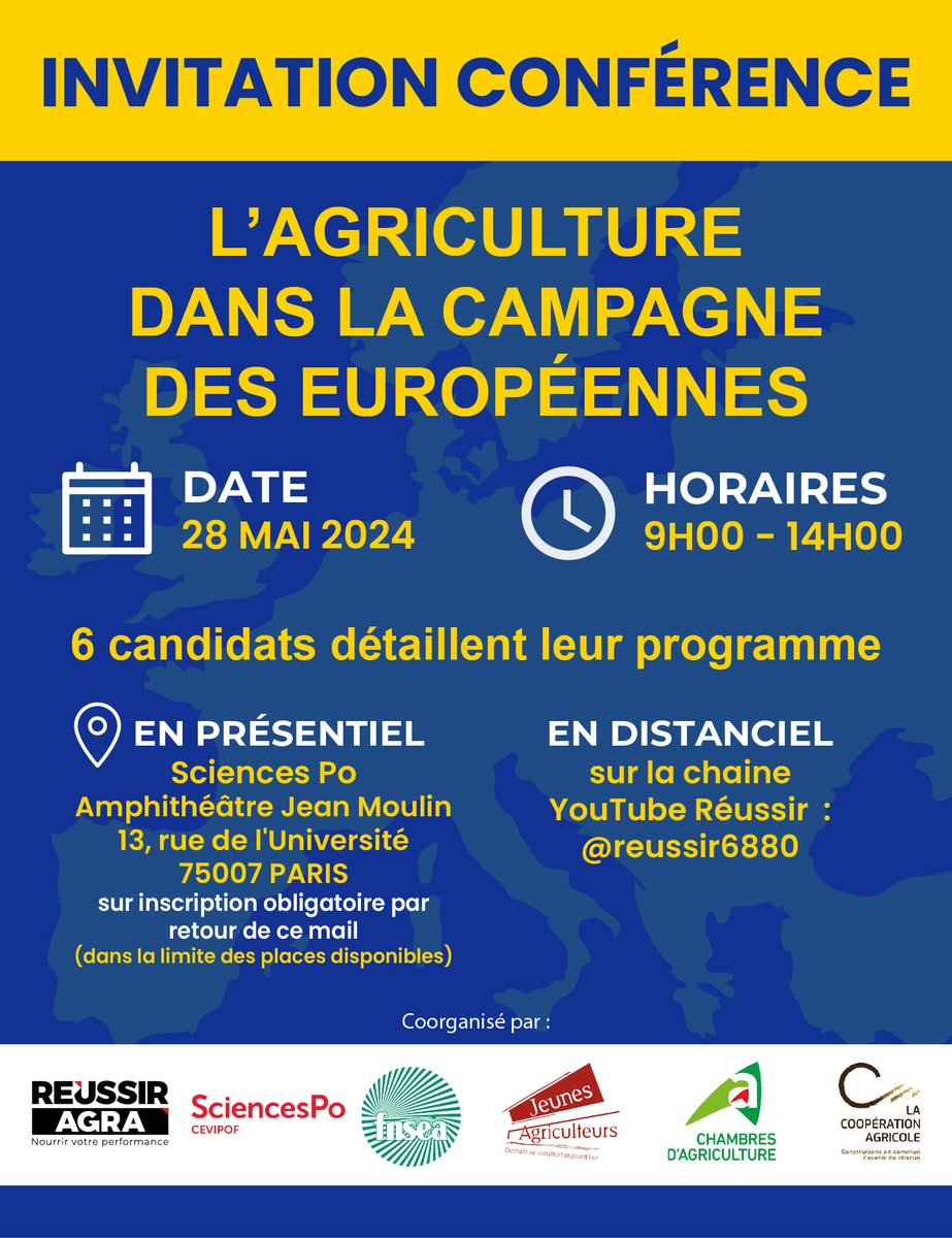 🗓️Agenda #agriculture et #Europe 🇪🇺 | Le 28 mai prochain, la #FNSEA, les <a href="/JeunesAgri/">Jeunes Agriculteurs</a>, les <a href="/ChambagriFrance/">Chambres d'agriculture France</a> et <a href="/lacoopagricole/">La Coopération Agricole</a> donnent rendez-vous à 6️⃣ candidats aux élections européennes pour un grand oral : "L'agriculture dans la campagne des européennes".🗣️
➡️ Au programme :