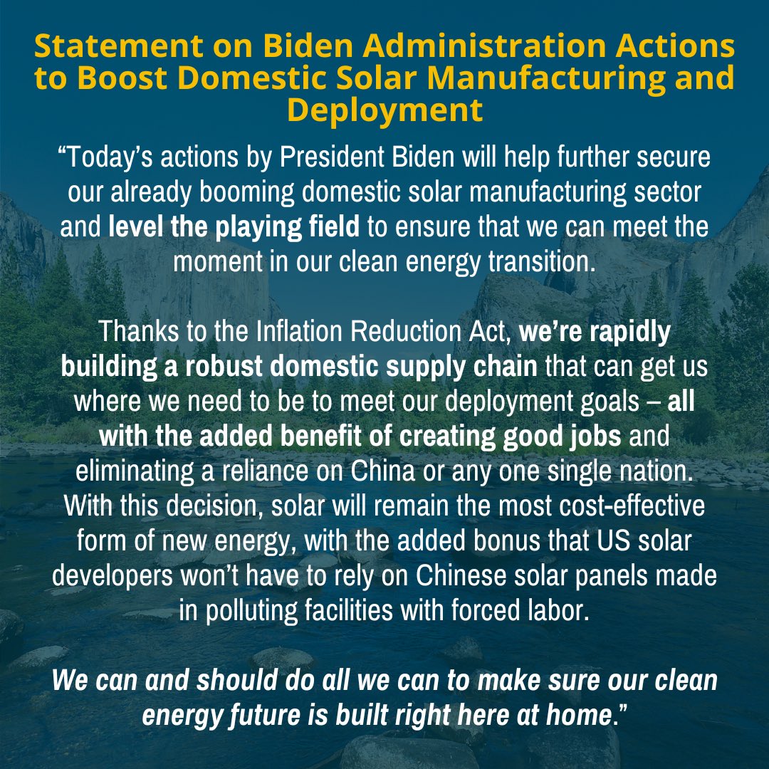 Today's actions by @POTUS on domestic solar manufacturing will strengthen our supply chain, protect solar’s low cost for the long-term, and set us up to meet our clean energy deployment goals with US-made solar. Thank you, President Biden! sierraclub.org/press-releases…