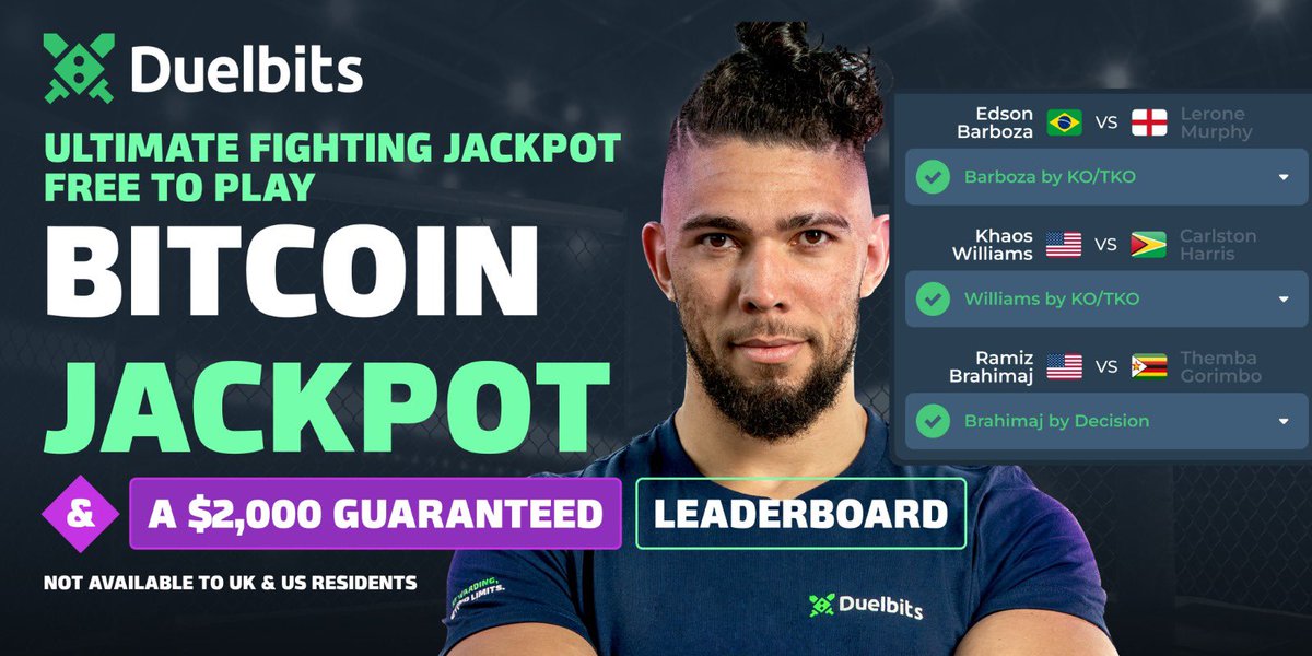 Check out my predictions for this weekend's fight card on duelbits.com!
⚡Click below to Play for FREE & win a Bitcoin Jackpot!👇
duel.bz/jwjackpotpicks

Make it to the leaderboard and there is also a guaranteed $2,000 to be won 🔥