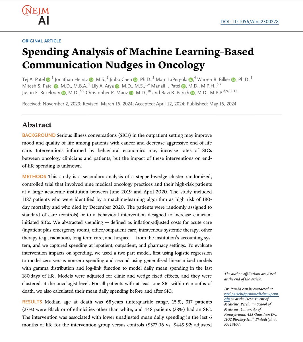 1/ Is it possible for a machine-learning clinical intervention to align patient preferences and spending reductions? In @NEJM_AI, we report on one of the first economic evaluations of a ML-based intervention as part of a prospective trial. Link: ai.nejm.org/doi/full/10.10…