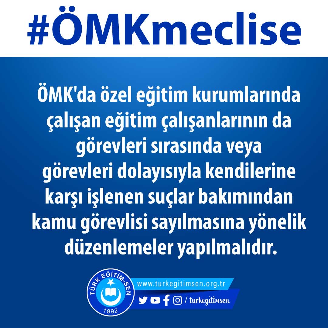 Özel kurumlarda çalışan öğretmen arkadaşlarımızı da kapsayacak şekilde şiddeti önleyici tedbirleri bekliyoruz.
#ÖMKmeclise