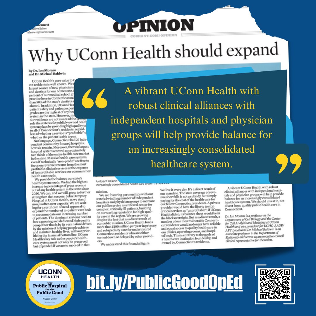 Share @UCHCAAUP leaders' op-ed on how we all benefit from investments in 'the people's healthcare system' w/your #CTGeneralAssembly reps: bit.ly/PublicGoodOpEd; amplify #PublicHospitalPublicGood message! @AFTUnion @AFTHigherEd @AFTHealthcare @AFT_PE @AAUP @SEBAC_CT