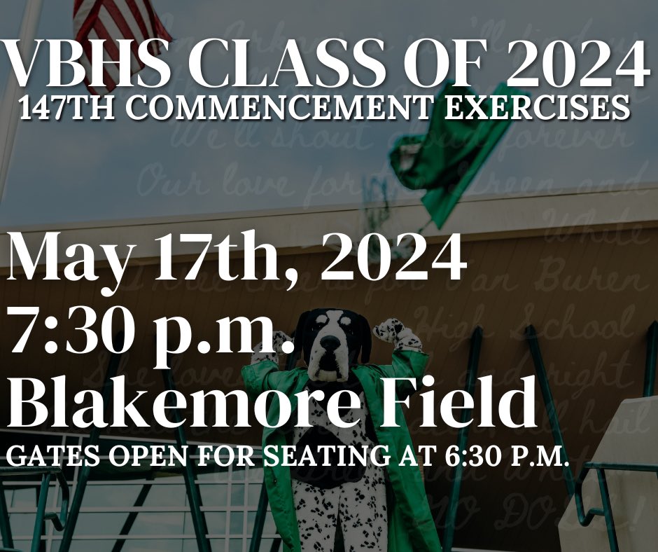 Tomorrow is the big day! VBHS Class of 2024 147th Commencement Exercises May 17th, 2024 7:30 p.m. Blakemore Field The gates will open at 6:30 p.m. for seating. Seating will be open on both the home & visitor sides of the stadium & on a 'first come, first serve' basis.