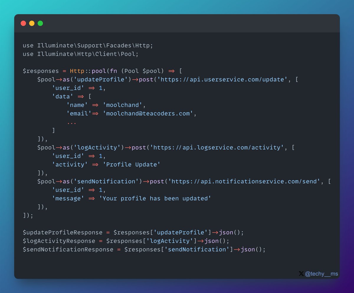 🚀 Speed up your app with Laravel's `Http::pool`! Make multiple HTTP requests concurrently to improve performance. Check out how easy it is to manage and access responses efficiently! 📈 
#PHP #Laravel #WebDev #PerformanceBoost