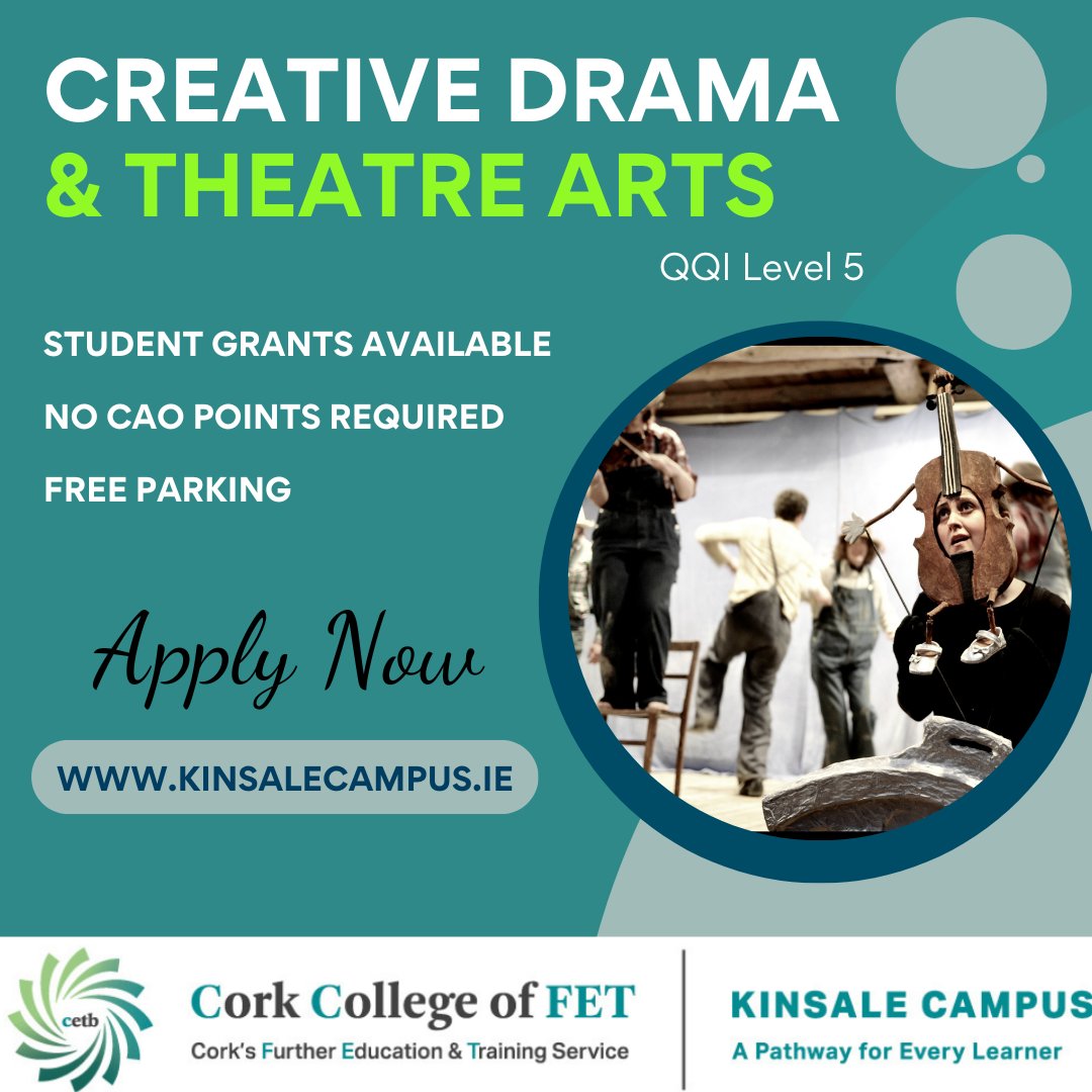 Apply now for our Level 5 Creative Drama & Theatre Arts via kinsalecampus.ie #drama #theatreperformance #theatrearts #theatre #ccfet #cetb #LeavingCert2024 #CAO #creativity #improvisation #cork #kinsale #kinsalearts